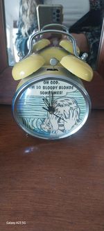 Large mechanical wind up yellow retro clock with alarm and tick. im so blond
