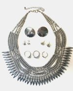 Vintage Statement Collar Necklace Set Silver Tone Spike Bib Earrings Ring Modern