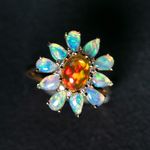 Golden Dahlia – Fire Opal & Opal Floral Diamond Engagement Ring 18K Yellow Gold