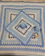 Handmade blue crochet baby blanket,snuggly and teething Rattle gift set