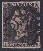 QV 1d Penny Black Used 4 Margins. Unchecked, stated to be Plate 1b. Letters IE.