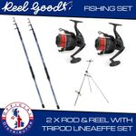 2 x Sea Fishing Rods 3.9m +2 Reels + Tripod  Beach Caster full  Set Lineaeffe