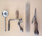 Vintage Mixed Lot Rug Making Tool, Crank Handle, Sugar Sifter Spoon, handle etc