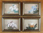 Set Of 4 Original Vintage Framed Chinese Paintings On Silk - Flowers Botanical