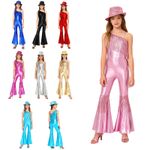 Kids Girls Jazz Disco Dance Costume One Shoulder Flared Jumpsuit with Fedora Hat