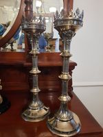 Antique Silver plated Pair Gothic Altar Candlesticks Fine Floral And Leaf Detail