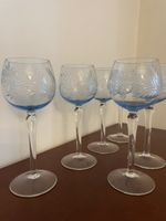 6 Antique Bohemian Cut Crystal Glasses Blue 