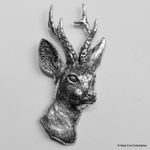 Roe Deer Stag Head Pewter Pin Brooch - British Artisan Signed Badge - Hunting