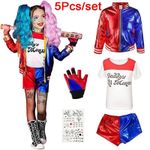 5PCS Harley Quinn Suicide Squad Girl Halloween Cosplay Costume Suit Kids Outfit