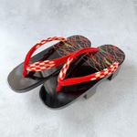 Vintage Japanese Geta Sandals 1960s Black Lacquer Wave Red Hanao Osaka