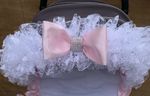 PRAM/PUSHCHAIR WHITE FRILLY PINK BLING BOW HOOD TRIM - UNIVERSAL - ROMANY