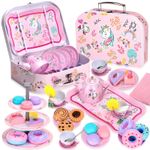 Auney 36 PCS Tea Set Toys for Girls,Tin Unicorn child-size, Pink 