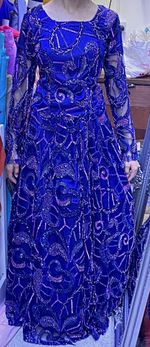 Blue Embellished Beaded Long Sleeve Top Lace-Up Back & Long Skirt Set