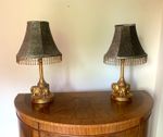 Pair Elephant  Table Lamps Antique Gold gilded , Black Beaded Fringe Bell Shades