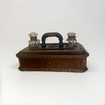 Antique Victorian Wooden Inkwell Stand  Desk Tidy Pen Rest Stand with Drawer 