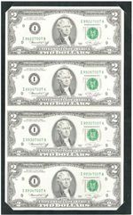 Federal Reserve Note, Sheet of 4x 2 Dollars 1976, Original First Edition from 1976