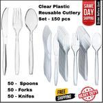 150-Piece Heavy Duty Clear Plastic Cutlery Set – 50 Forks, 50 Spoons, 50 Knives