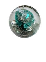 Studio Art Glass Paperweight Teal Silver Swirl Controlled Bubble Orb Vintage Sty