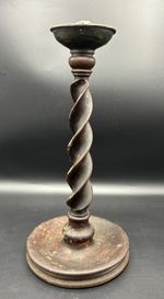 Oak & Brass Barley Twist Wooden Candlestick 12" Victorian