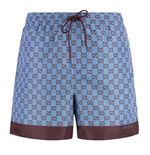 Mens Gucci GG Logo Print Signature Side Stripes Blue Swim Shorts