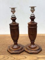 PAIR ANTIQUE TURNED OAK CANDLESTICKS WITH SILVER PLATED SCONCES, URN SHAPE