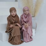 Satin Khimar 2 Pieces Set Kids Girls Muslim Hijab Dress Caftan Abaya Kaftan Robe