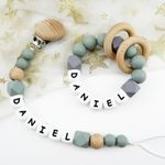 2pcs/set Personalised Name Dummy Clip + Teething Ring Silicone Chewable Baby New