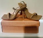 PRETTYLITTLETHING Beige Strappy Square Toe Stiletto Heels Tie UK 6