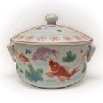 Japanese Style Porcelain Covered Casserole Dish Koi Goldfish Vintage Painted