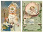 2 Embossed Artist Drawn New Year Greetings Postcards Featuring Children