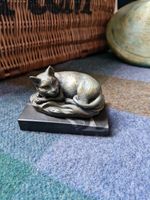 Vintage Cast Metal Lying Down Cat On Marble Base Figurine Ornament