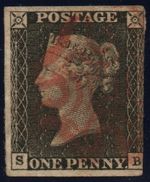 GB QV 1840 1d Penny Black Plate 1a, SB, 3 Margins, Red Maltese Cross.