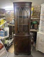 Antique Brown Wood & Glass Corner Cabinet 2 Door 3 Shelves 170cm H 65cm