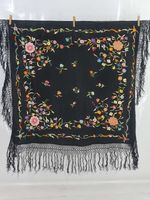 Vintage Chinese Hand Embroidered Silk Floral Piano Shawl 83x79cm