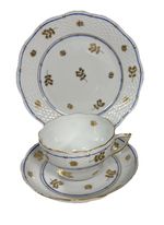 Herend Porcelain Trio Batthany Blue Cup Saucer Plate White Blue Gold Leaf K91