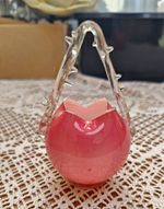 Pink & Clear Glass Decorative brides Basket, Round Glossy, Handle, 14cm x 10cm