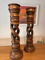 Large 53cm Pair Antique Victorian Open Barley Twist Oak Candlesticks - 21" Floor