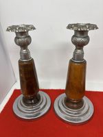 Art Deco Oak Candlesticks with Ornate Chrome Bases | Vintage Candle Holders