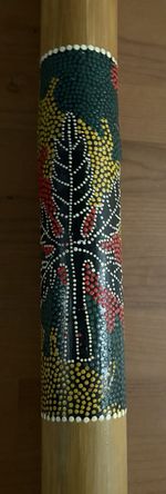 HANDCRAFTED BAMBOO DIDGERIDOO 47” ORNAMENTED WITH ABORIGINAL DOT-PAINTINGS
