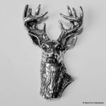 Frontal Proud Stag Head Pewter Pin Brooch - British Artisan Signed Badge- Deer 