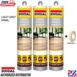 3x Soudal Parquet Sealant Light Grey 290ml Wood Flooring Joint Sealant + Tape