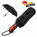 Extra Strong Windproof Automatic Umbrella Foldable Wooden Handle UV Protection
