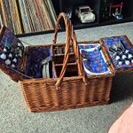 Wicker Picnic Basket & Ware Set with Cutlery, Plates & Bowls, Blue Floral
