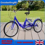 24 Inch Adult Trike Tricycle Foldable 3 Wheel Bike 7-Speed With Basket Blue UK