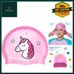 Durable Silicone Kids Swimming Cap Cute Pink Unicorn Pattern Ages 3-12