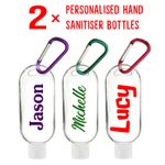 Personalised Refillable Hand Gel 50ml Bottles & Clip SET OF 2 Shampoo Sun Cream 