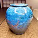 Vintage Studio Pottery Raku Blue Iridescent Lidded Jar Ceramic Art Vase 9.75"