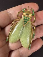 Rare Art Deco French Jade Green Galalith and Goldtone Cicada Bug Brooch
