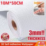 10M Thick Self-Adhesive Thermal Insulation Wallpaper 3D Linen Plain Wall~Sticker