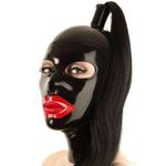 Black Latex Rubber Single Tail Hood Mask Zipper Ponytail Wig Hair Pigtail Tube